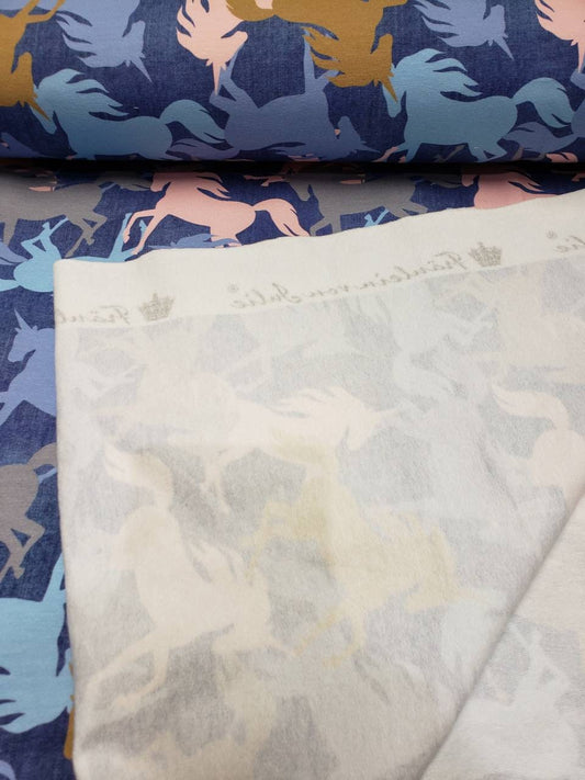 French Terry, Sommer Sweat, angerauht, Baumwolle, Stoff, blau, rosa Pferde