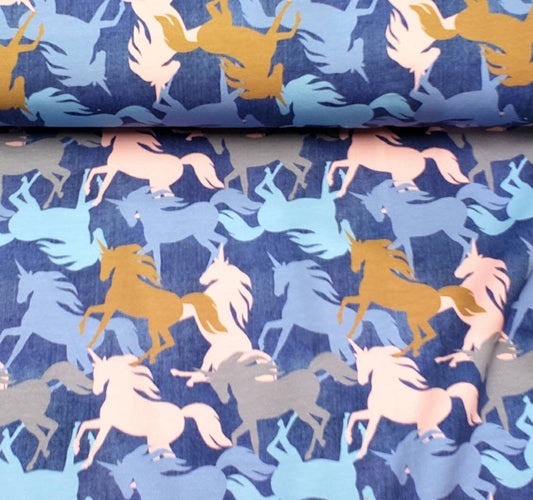 French Terry, Sommer Sweat, angerauht, Baumwolle, Stoff, blau, rosa Pferde