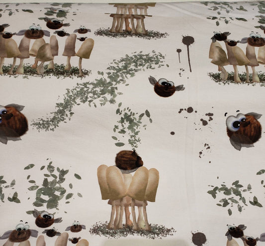 French Terry, Sommer Sweat, Stoff, Eigenzeichnung, Eigenproduktion, Fliegen Pilze, creme braun