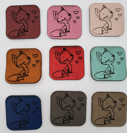 Kunstleder Label, Patch, Etikett, Aufnäher, Happy Fuchs, rosa, mint, braun, blau, grau, beigebraun, bambus, schwarz