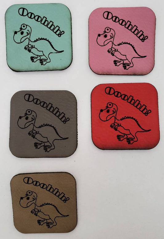 Kunstleder Label, Patch, Etikett, Aufnäher, T-Rex, Dinosaurier Design mint, braun, blau,rosa, grau, beigebraun, rot