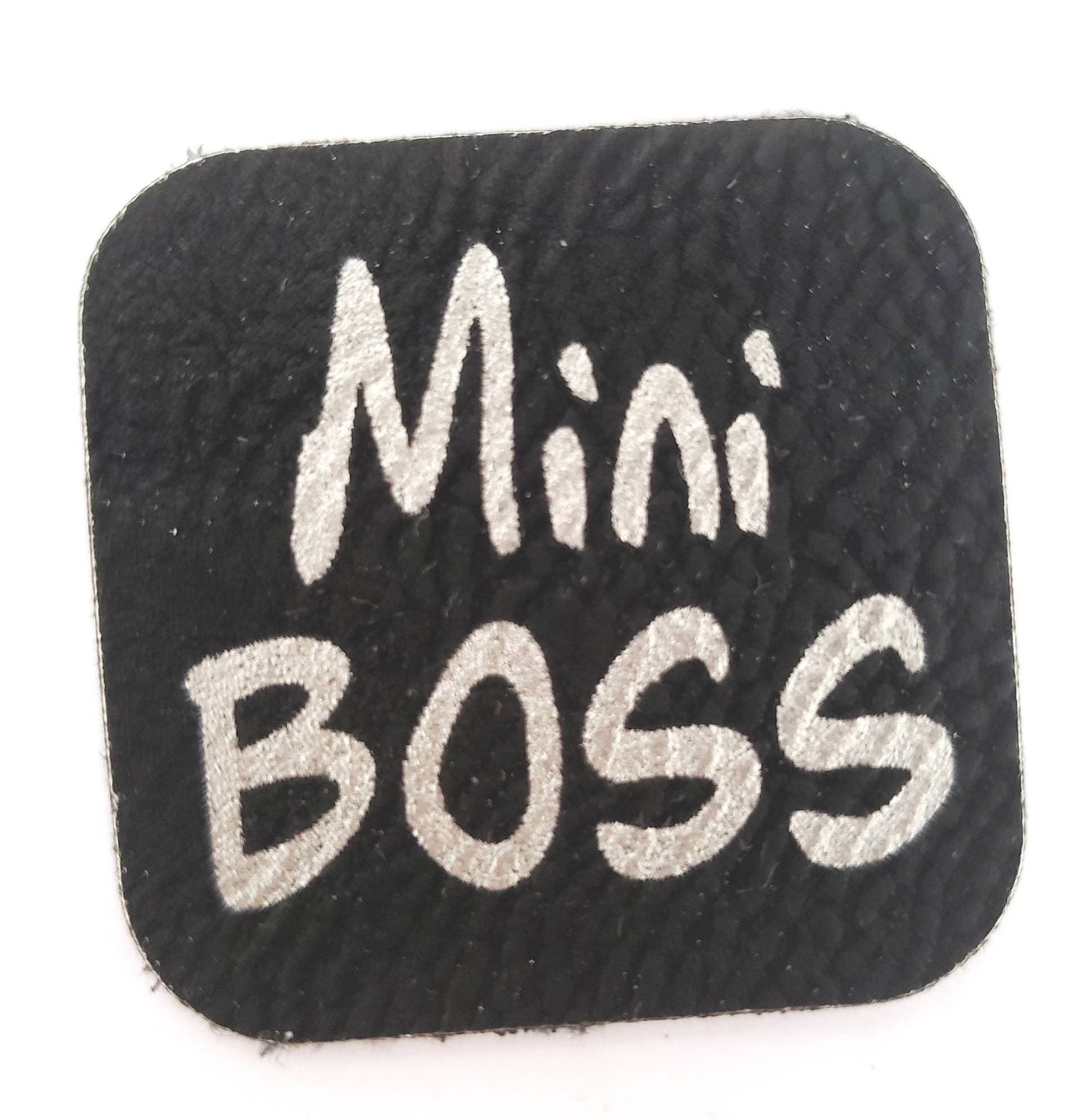 Kunstleder Label, Patch, Etikett, Aufnäher Mini Boss, braun, bambus, grau, beigebraun, schwarz silber, gold