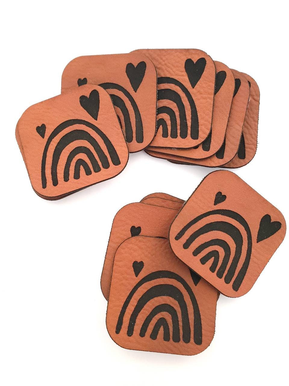 Kunstleder Label, Patch, Etikett, Aufnäher, Regenbogen, Laser graviert, braun, grau, beigebraun, bambus, schwarz silber, schwarz gold