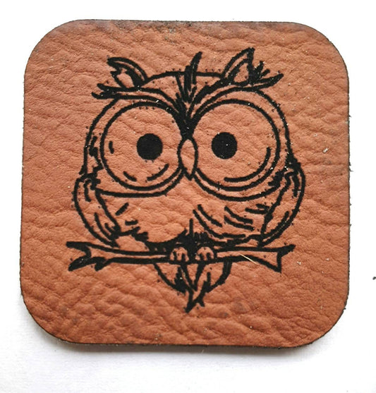 Kunstleder Label, Patch, Etikett, Aufnäher, Eule, braun, Laser graviert