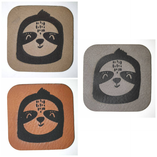 Kunstleder Label, Patch, Etikett, Aufnäher, Laser graviert, Grafik Faultier, braun, grau, beige, bambus, schwarzraun