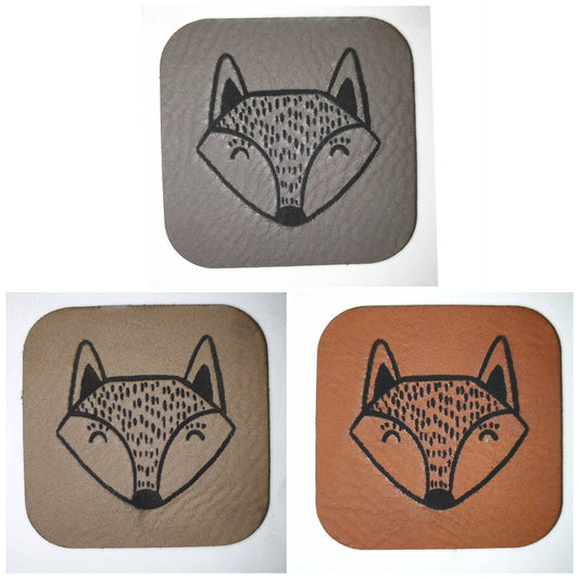 Kunstleder Label, Patch, Etikett, Aufnäher, Laser graviert, Grafik Fuchs, braun, grau, beigebraun, bambus, schwarz