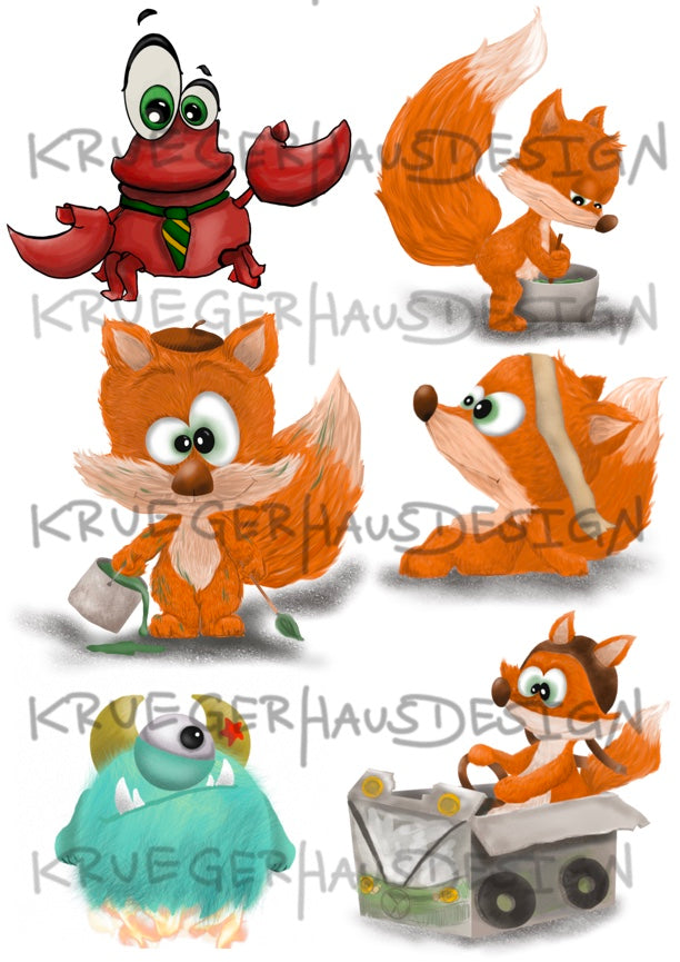 A4 Bügelbild Finn der Fuchs und Karl die Krabbe , mit Liebe illustriert