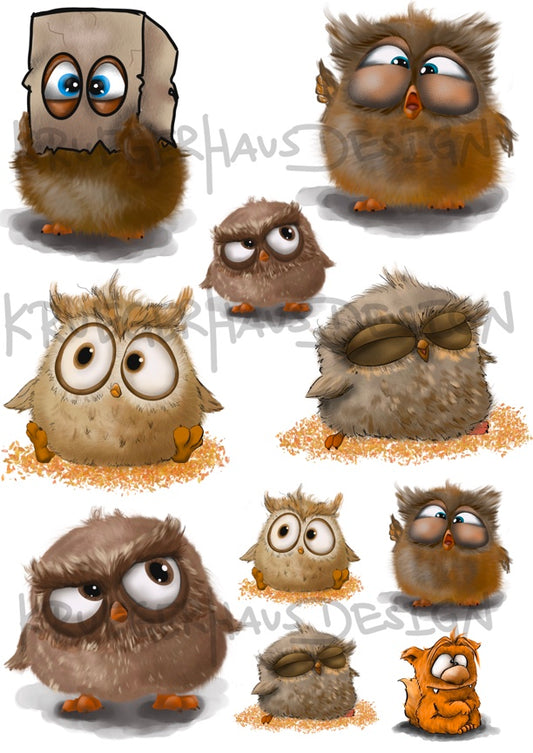 A4 Bügelbild verschiedene Eulen, mit Liebe illustriert