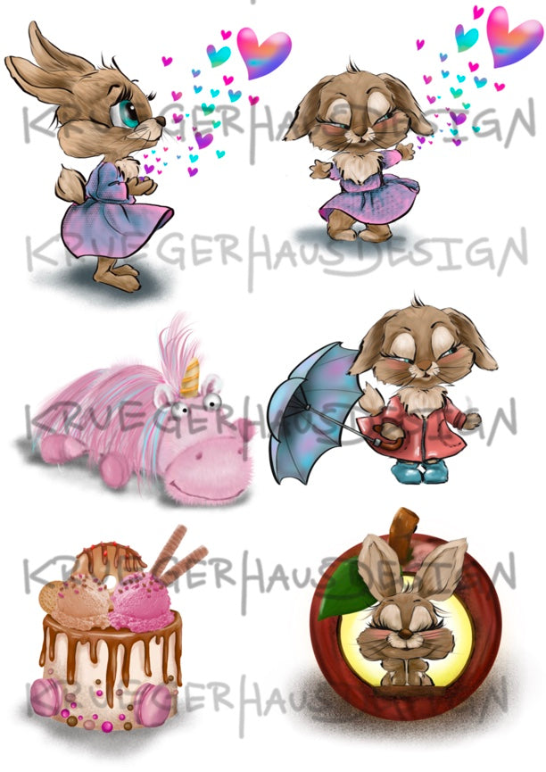 A4 Bügelbild Mädels Hase rosa , mit Liebe illustriert