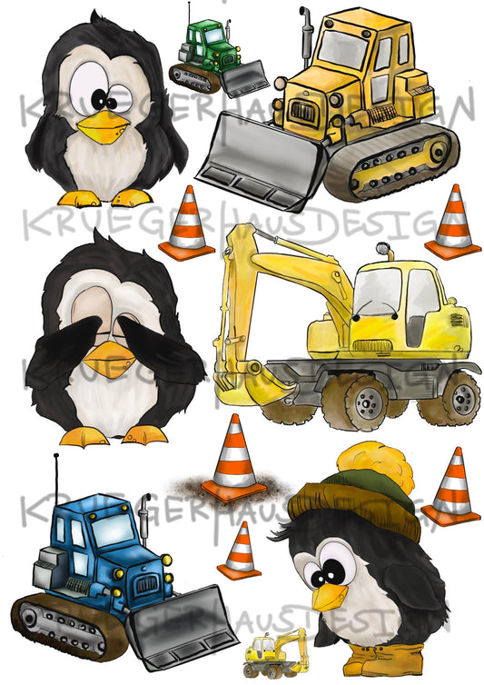 A4 Bügelbild Piper der Pinguin auf der Baustelle , mit Liebe illustriert