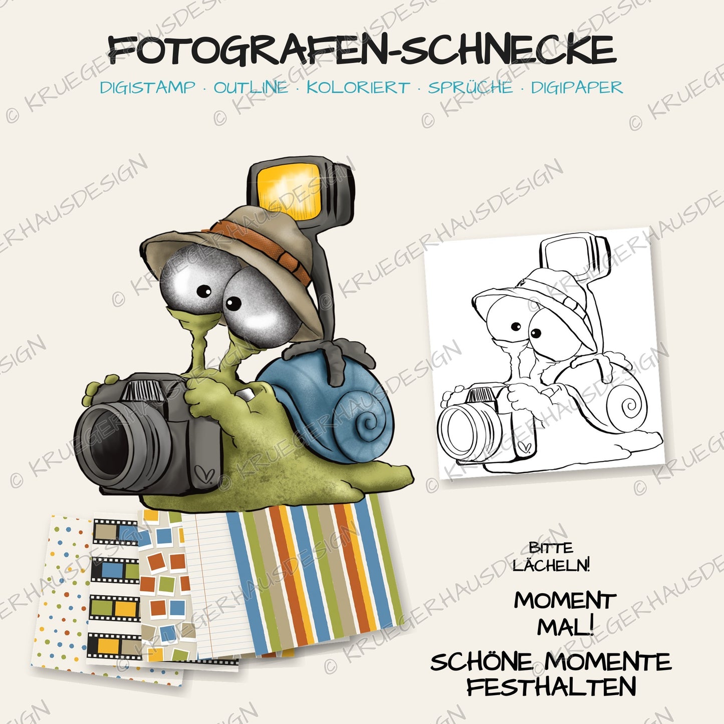 Fotografen-Schnecke – DigiStamp zum Ausdrucken & Ausmalen (Privatlizenz)