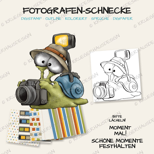 Fotografen-Schnecke – DigiStamp zum Ausdrucken & Ausmalen (Privatlizenz)