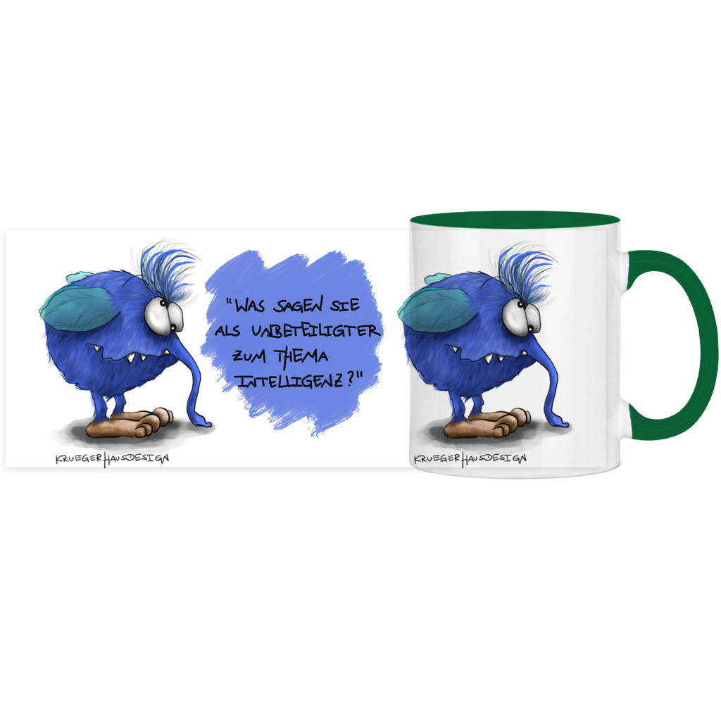 Tasse, Kaffeetasse, Teetasse, zweifarbig, Kruegerhausdesign Monster mit Spruch, Was sagen Sie als Unbeteiligter... Volldruck, 2.Variante