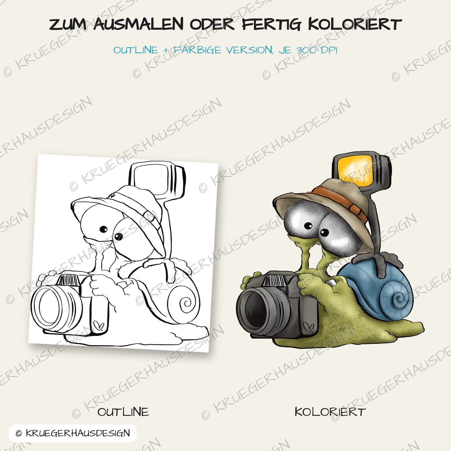 Fotografen-Schnecke – DigiStamp zum Ausdrucken & Ausmalen (Privatlizenz)
