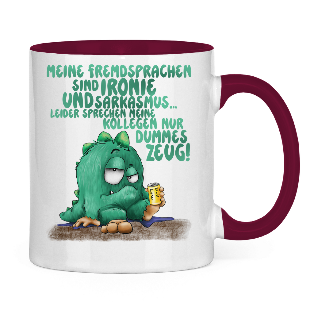 Tasse zweifarbig Meine Fremdsprachen sind Ironie und Sarkasmus.