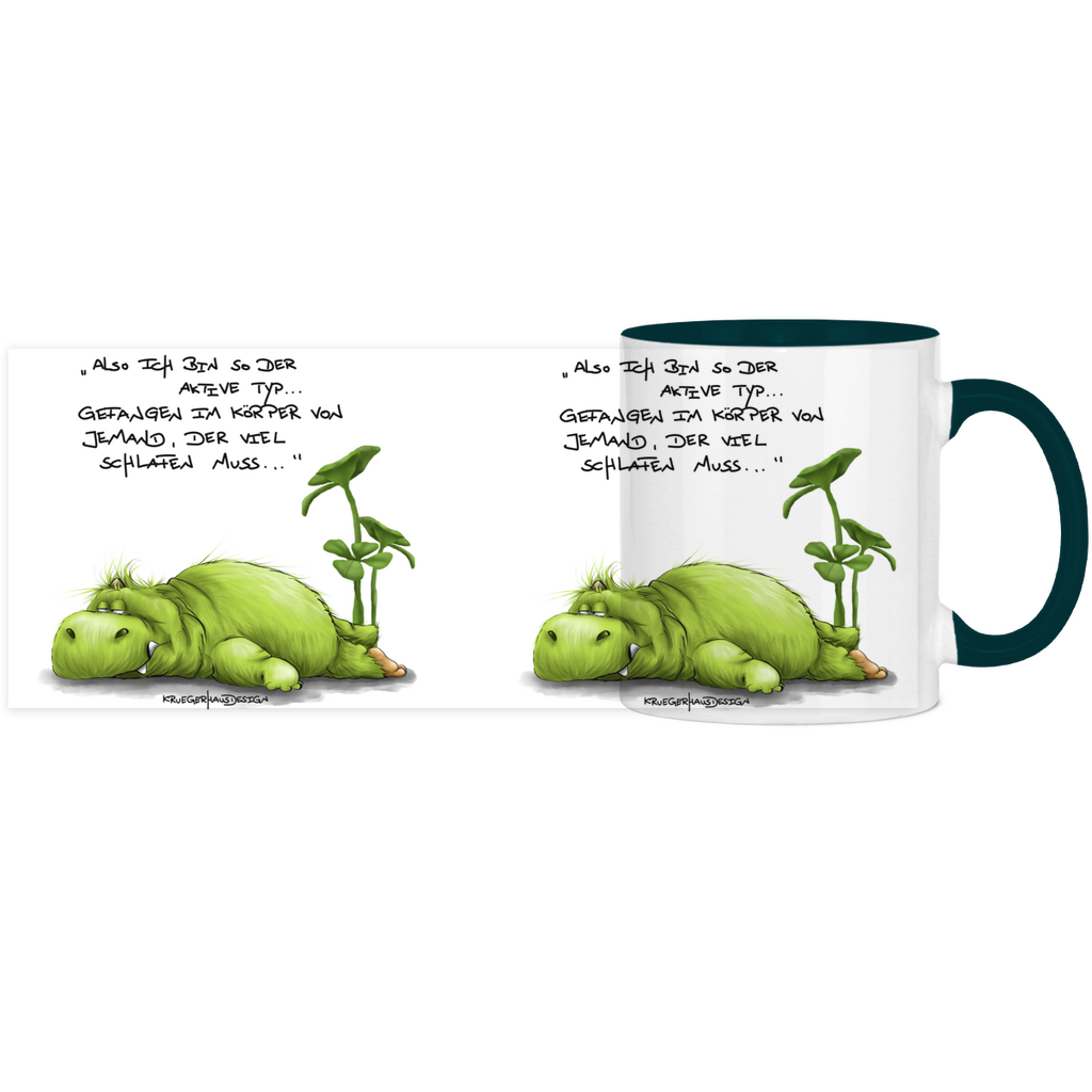 Tasse, Kaffeetasse, Teetasse, zweifarbig, Kruegerhausdesign Monster mit Spruch, klassisch, Also ich bin so der aktive Typ