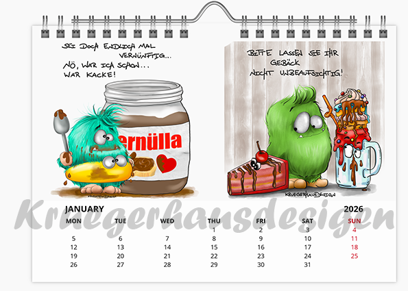 Kalender Wandkalender in Größe A5 mit jeweils zwei Monstermotiven 2026