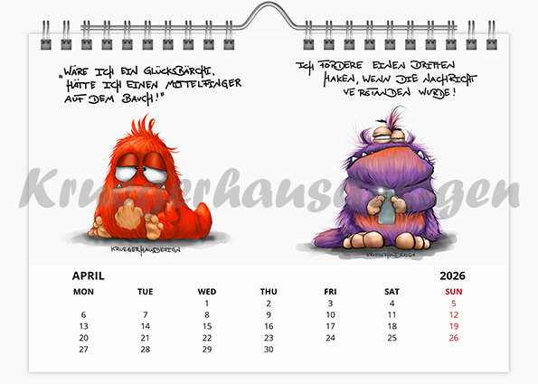 Kalender Wandkalender in Größe A5 mit jeweils zwei Monstermotiven 2026