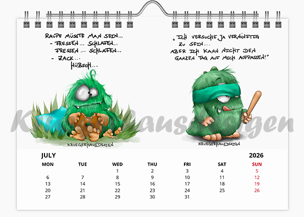 Kalender Wandkalender in Größe A5 mit jeweils zwei Monstermotiven 2026