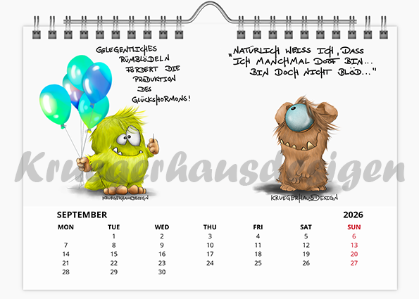 Kalender Wandkalender in Größe A5 mit jeweils zwei Monstermotiven 2026
