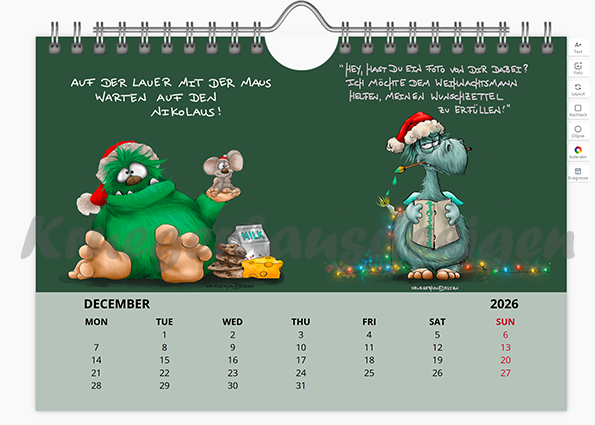 Kalender Wandkalender in Größe A5 mit jeweils zwei Monstermotiven 2026