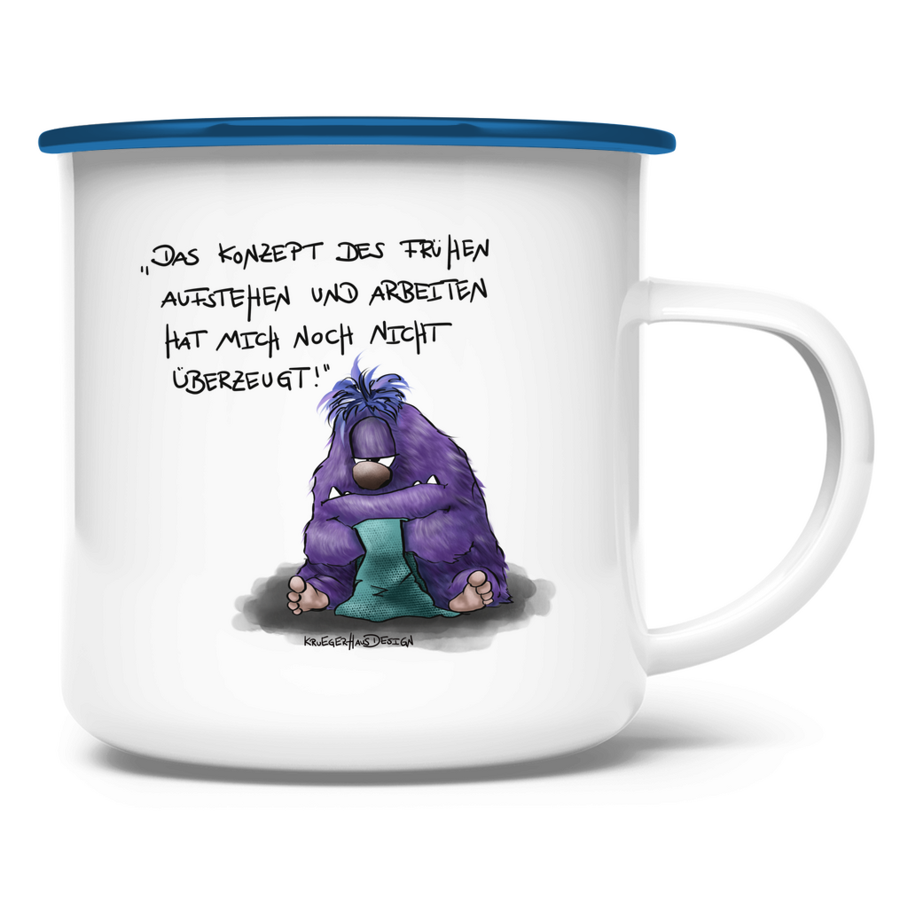 Emaille Tasse Das Konzept des frühen Aufstehen und Arbeiten hat...