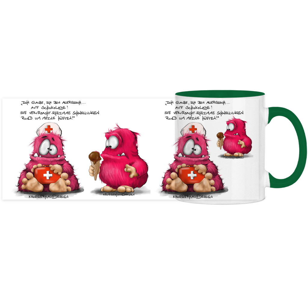 Tasse, Kaffeetasse, Teetasse, zweifarbig, Kruegerhausdesign Monster mit Spruch, Ich glaube, ich bin allergisch...