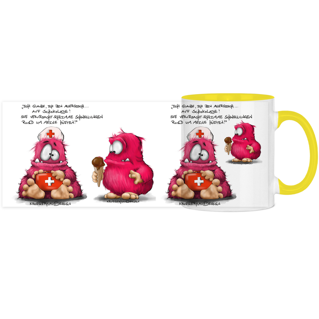 Tasse, Kaffeetasse, Teetasse, zweifarbig, Kruegerhausdesign Monster mit Spruch, Ich glaube, ich bin allergisch...