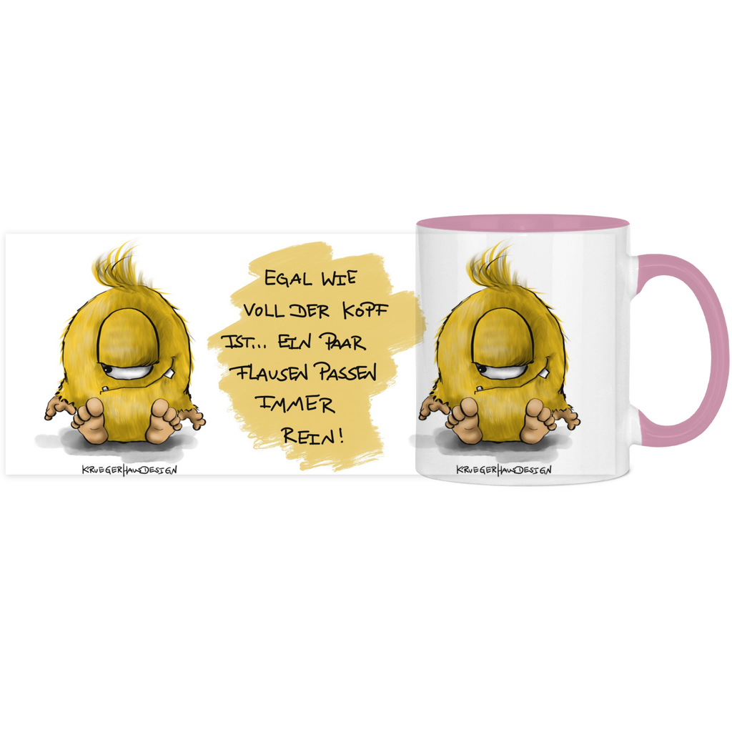 Tasse, Kaffeetasse, Teetasse, zweifarbig, Kruegerhausdesign Monster mit Spruch, 2. Variante, Egal wie voll der Kopf ist...