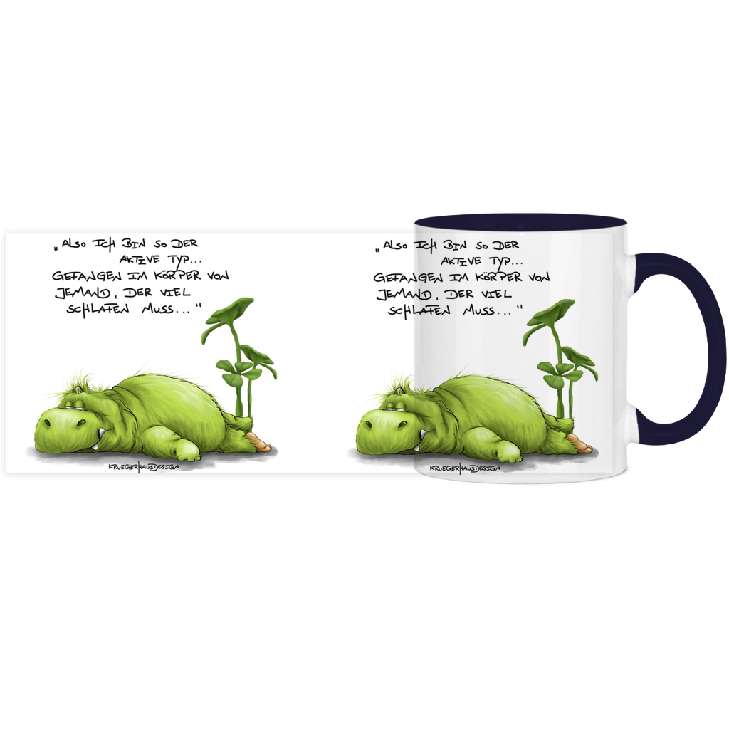 Tasse, Kaffeetasse, Teetasse, zweifarbig, Kruegerhausdesign Monster mit Spruch, klassisch, Also ich bin so der aktive Typ