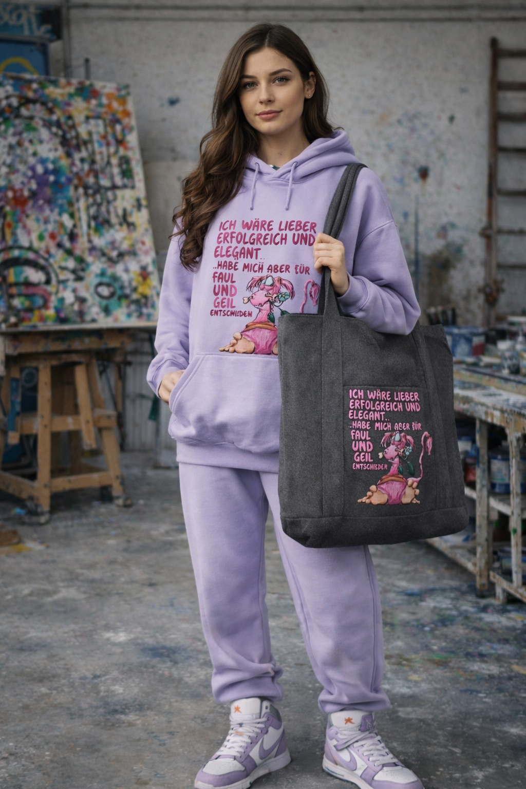 Große Canvas Tasche, Mustertasche, schwarz granit (optisch grau) mit Ich wäre lieber erfolgreich und elegant...