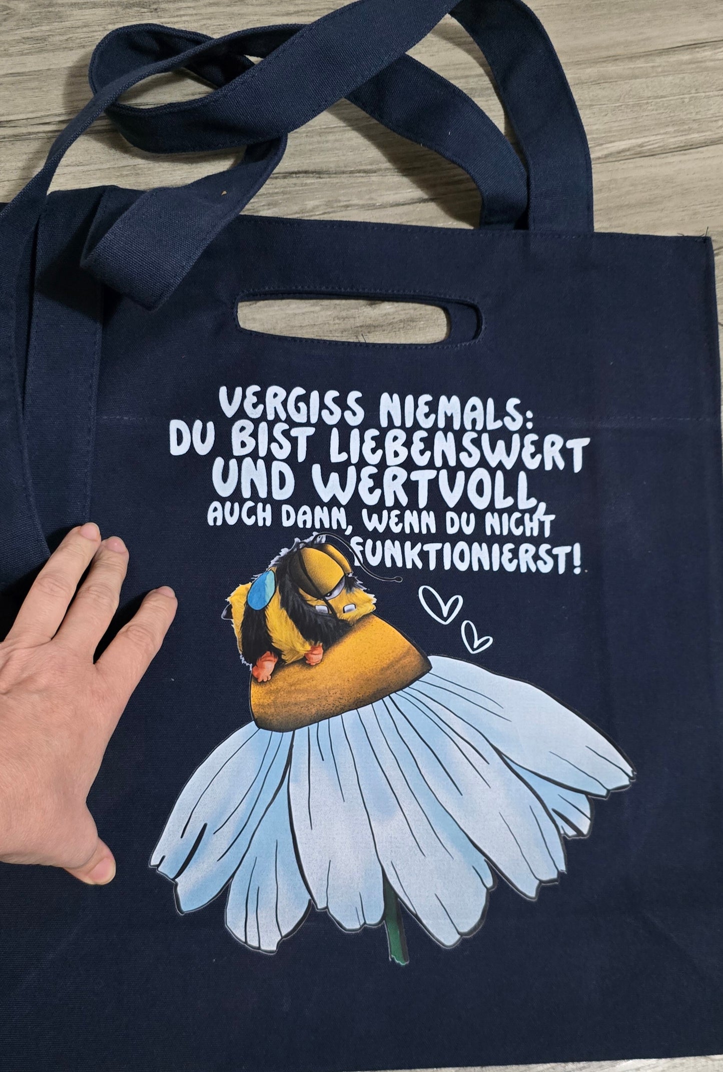 Du bist wertvoll Shopper Tasche Dunkelblau – Nachhaltige Baumwoll Tasche mit Spruch, limitierte April Edition