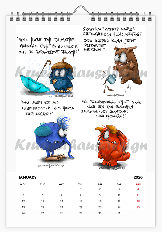 A3 XL Kalender Wandkalender Kruegerhausdesign Monster Old School, die ersten Monster 2026