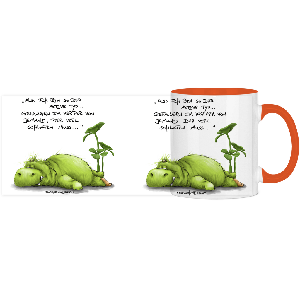 Tasse, Kaffeetasse, Teetasse, zweifarbig, Kruegerhausdesign Monster mit Spruch, klassisch, Also ich bin so der aktive Typ