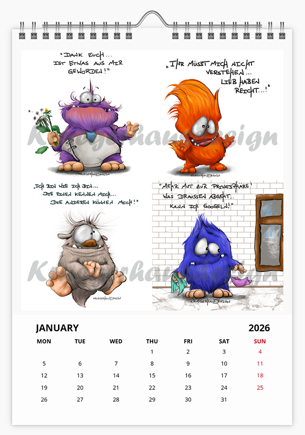 A3 XL Kalender Wandkalender Kruegerhausdesign Monster , gab es letztes Jahr schon, 2026