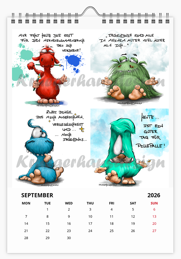 A3 XL Kalender Wandkalender Kruegerhausdesign Monster , gab es letztes Jahr schon, 2026