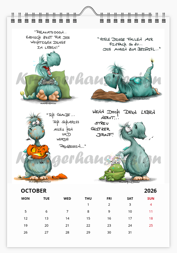 A3 XL Kalender Wandkalender Kruegerhausdesign Monster , gab es letztes Jahr schon, 2026