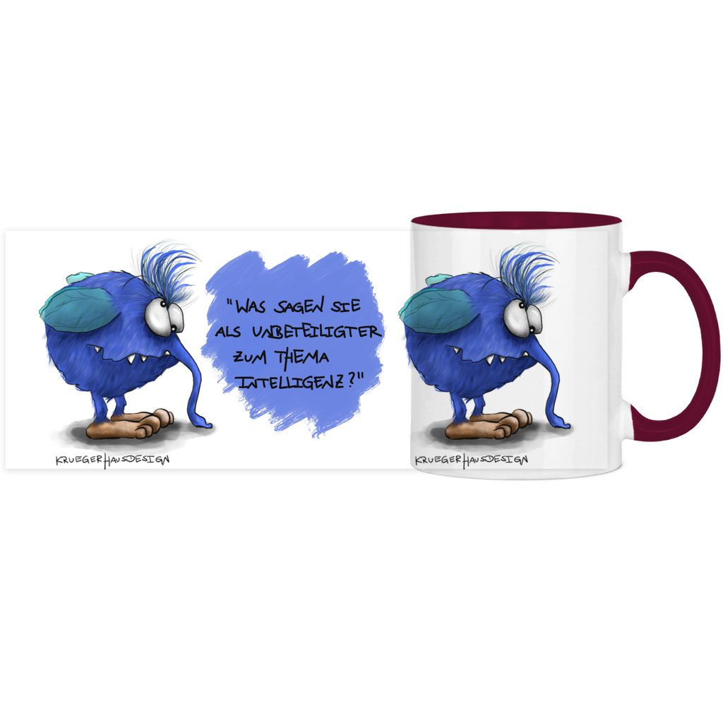 Tasse, Kaffeetasse, Teetasse, zweifarbig, Kruegerhausdesign Monster mit Spruch, Was sagen Sie als Unbeteiligter... Volldruck, 2.Variante