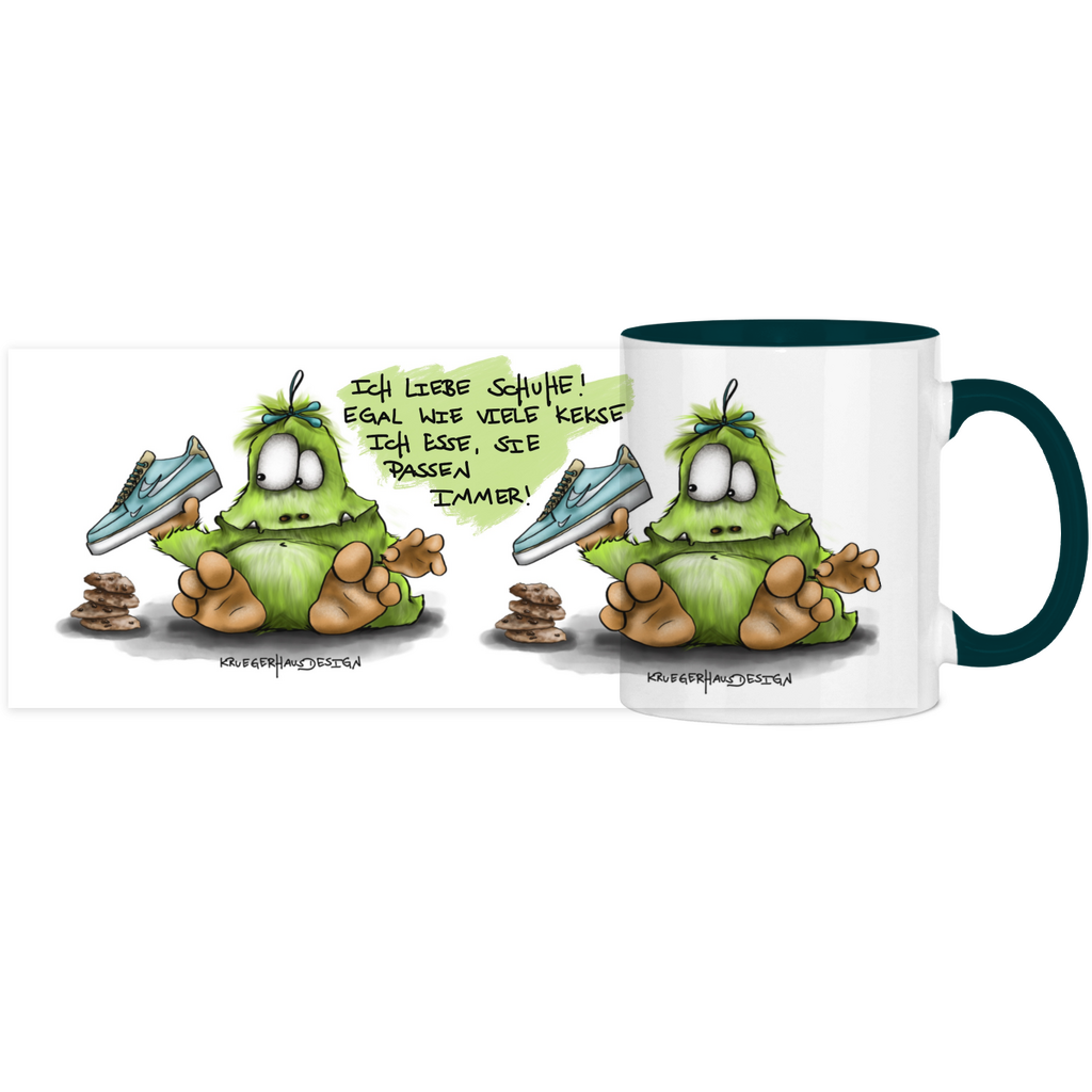 Tasse, Kaffeetasse, Teetasse, Kruegerhausdesign Monster mit Spruch, zweifarbig, 2. Variante, Ich liebe Schuhe...