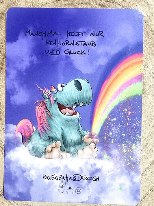 Postkarte Kruegerhausdesign Monster mit Spruch, Manchmal hilft nur Einhornstaub und Glück!