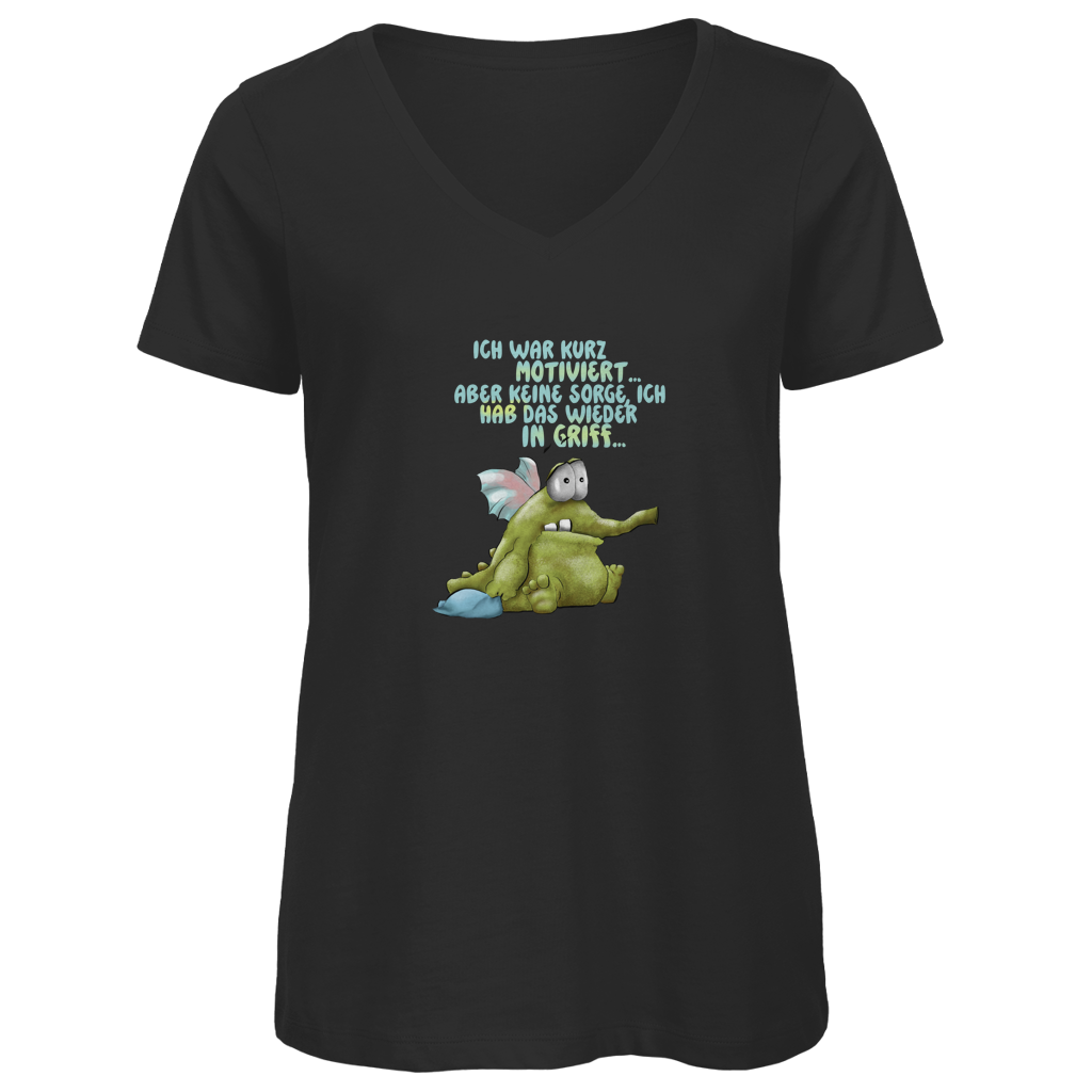 Damen Premium Bio V-Neck T-Shirt Ich war kurz motiviert, Design 1
