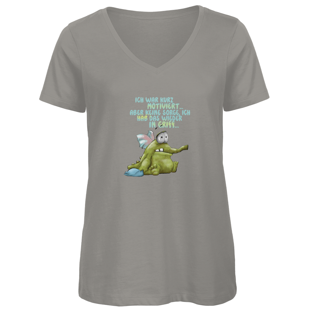 Damen Premium Bio V-Neck T-Shirt Ich war kurz motiviert, Design 1