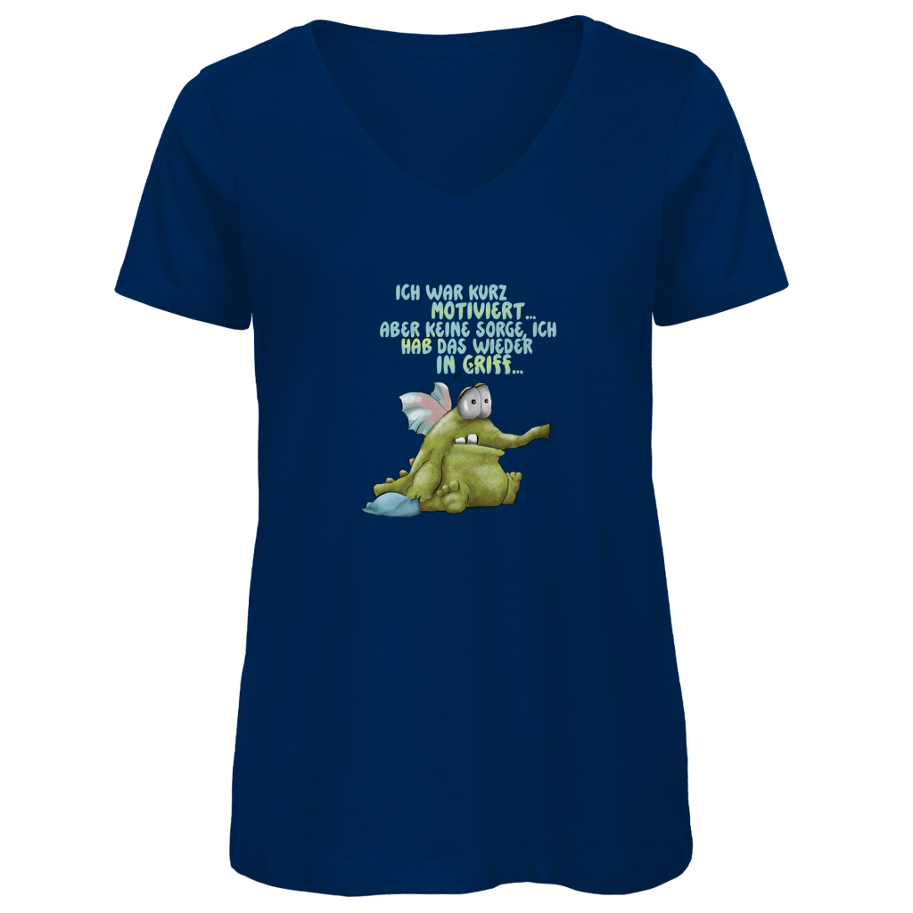 Damen Premium Bio V-Neck T-Shirt Ich war kurz motiviert, Design 1