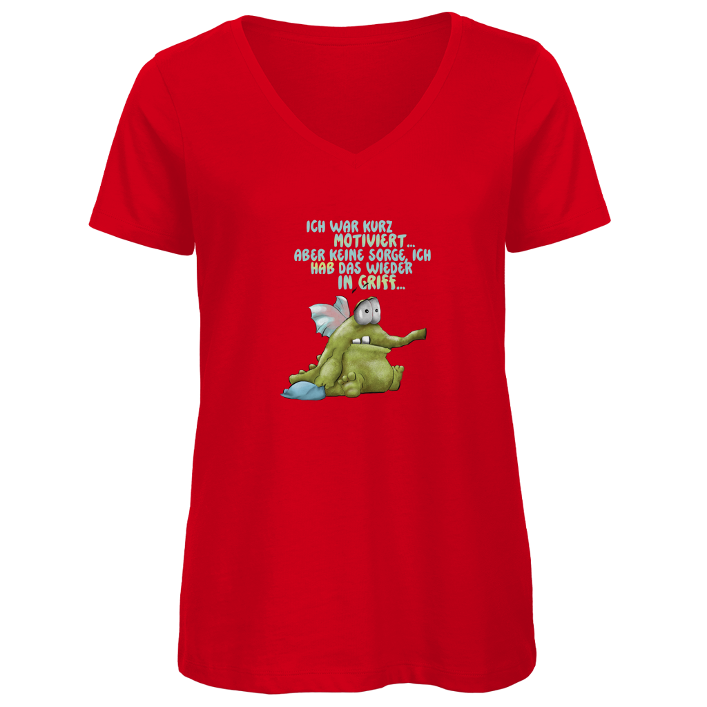 Damen Premium Bio V-Neck T-Shirt Ich war kurz motiviert, Design 1
