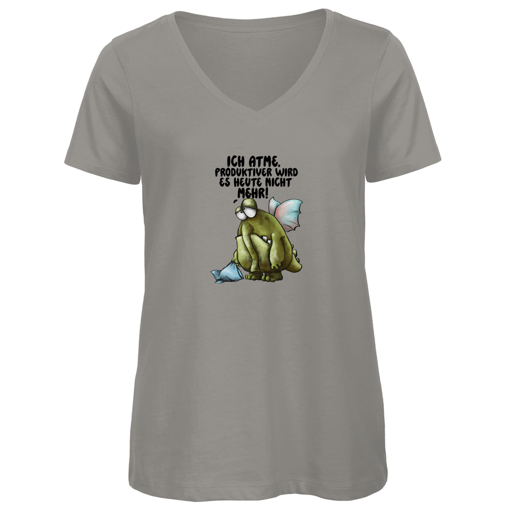 Damen Premium Bio V-Neck T-Shirt Ich atme. Produktiver wird es heute ... Design 2