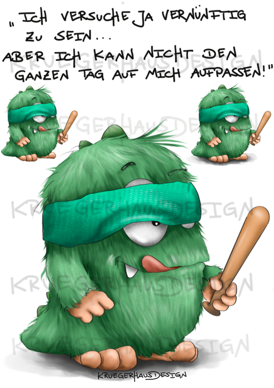 A4 Bügelbild Kruegerhausdesign Monster mit Spruch, Ich versuche ja vernünftig... #172