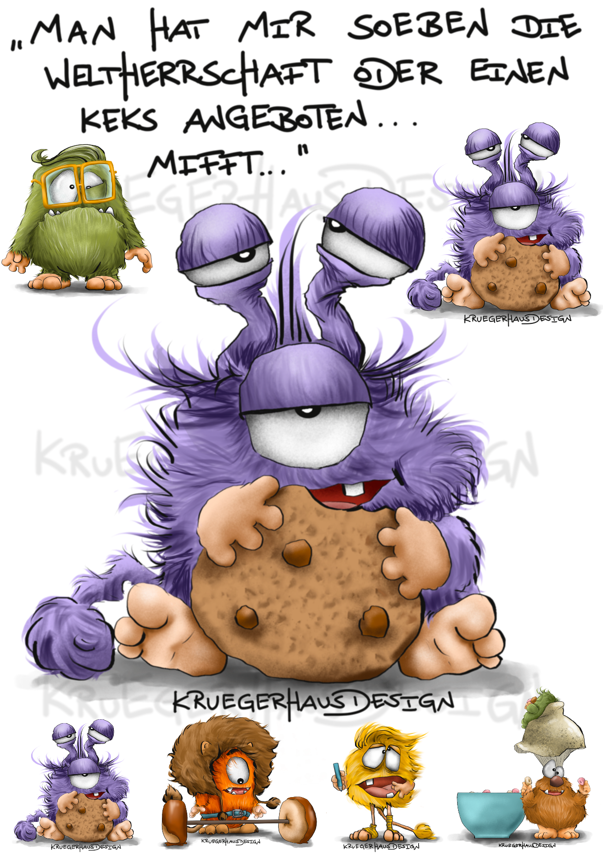 4 Bügelbild Kruegerhausdesign Monster mit Spruch, Man hat mir soeben die Weltherrschaft...