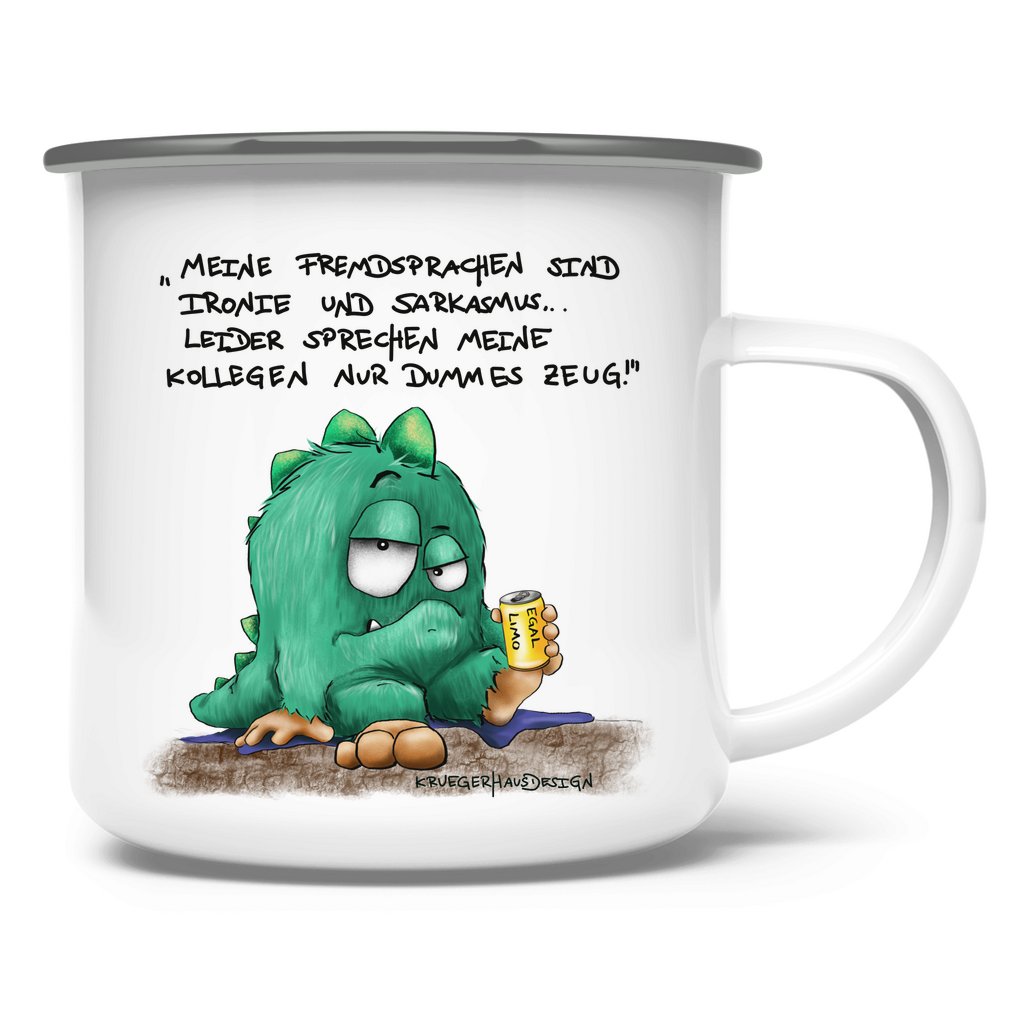 Emaille Tasse Meine Fremdsprachen sind Ironie und Sarkasmus, leider meine
