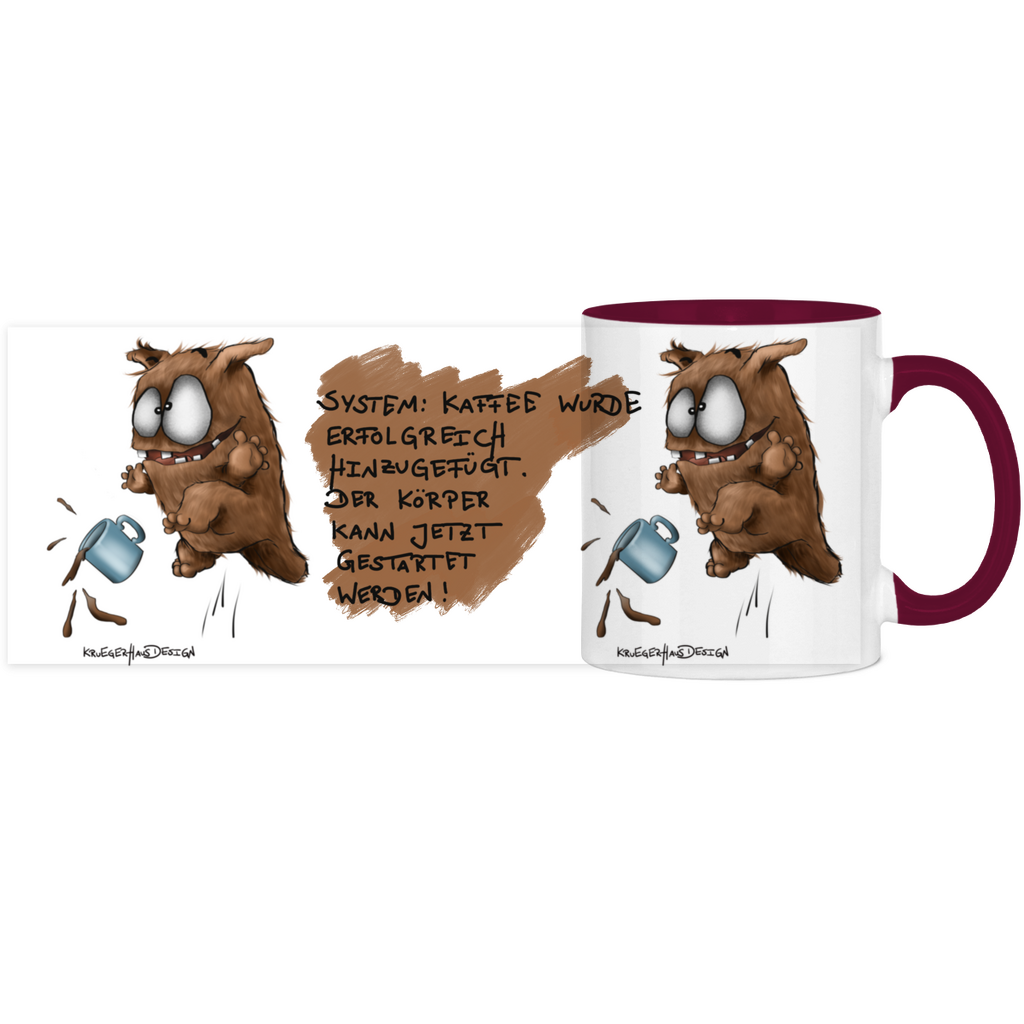 Tasse, Kaffeetasse, Teetasse, zweifarbig, Kruegerhausdesign Monster mit Spruch, 2. Variante, System: Kaffe wurde...
