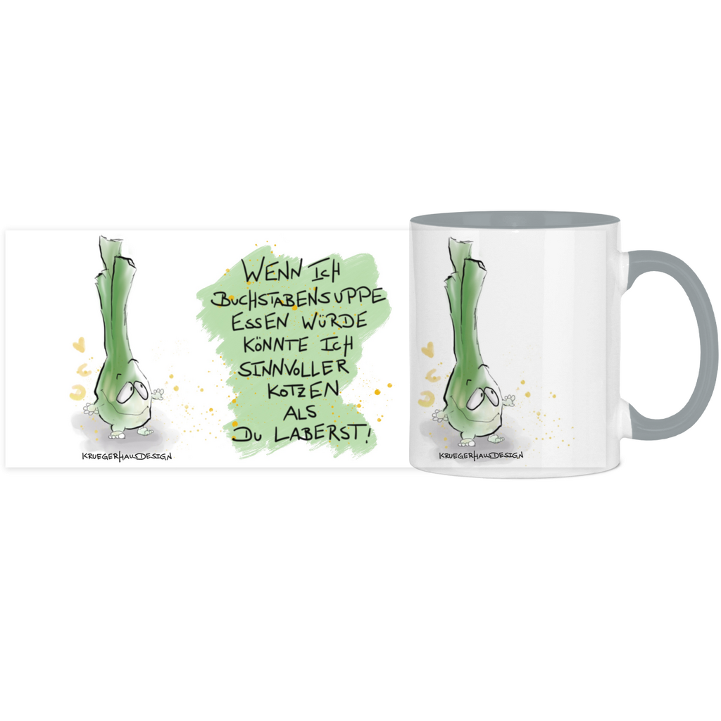 Tasse, Kaffeetasse, Teetasse, zweifarbig, Kruegerhausdesign Monster mit Spruch, 2. Variante, Wenn ich Buchstabensuppe...